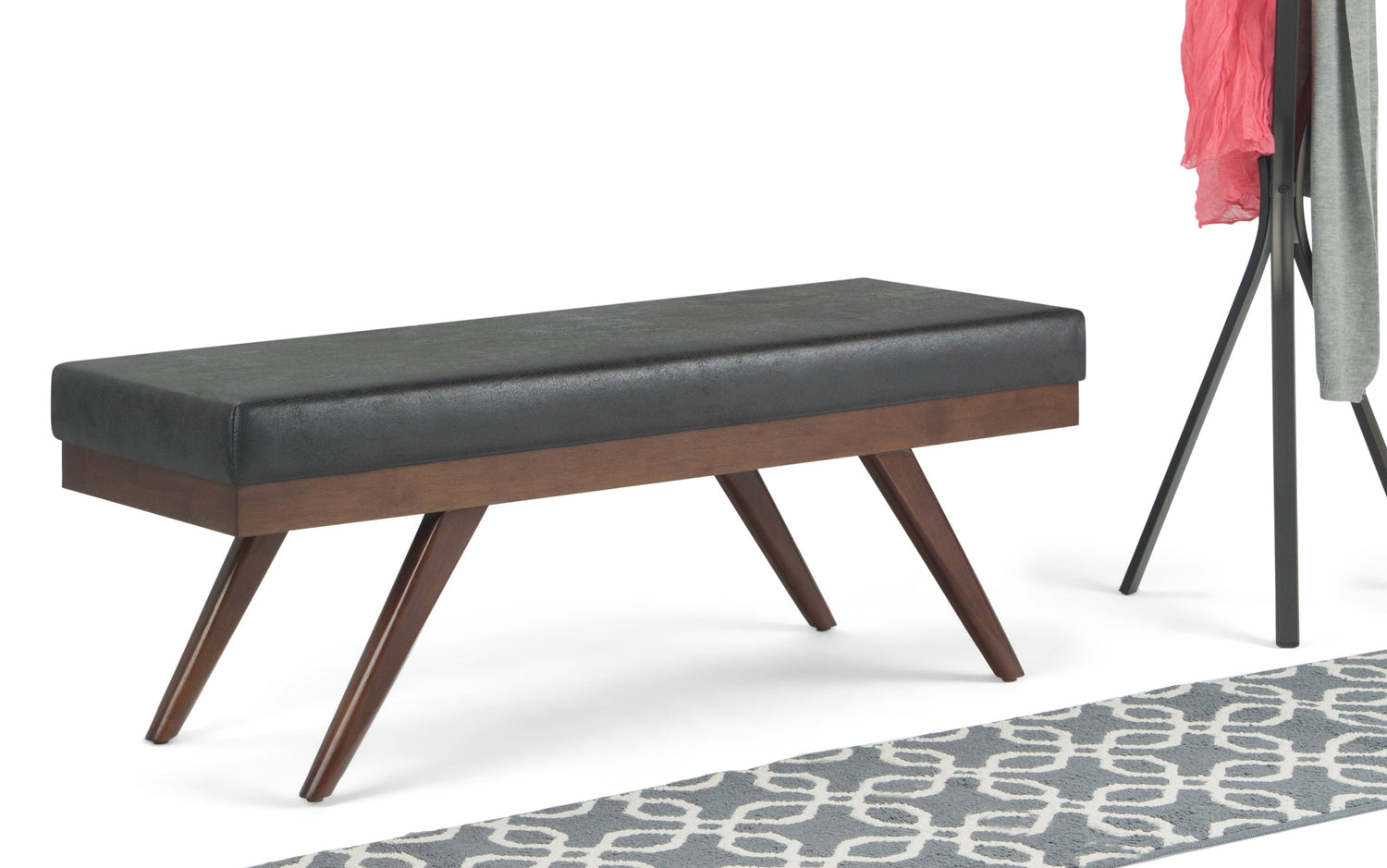 Distressed Black Distressed Vegan Leather| Chanelle Mid Century Ottoman Bench