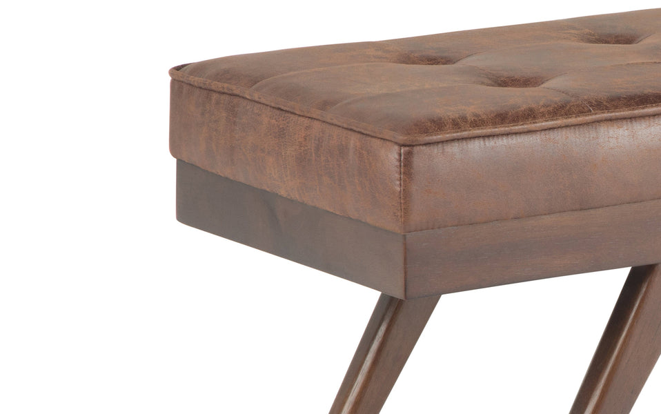 Distressed Umber Brown Distressed Vegan Leather | Pierce Mid Century Ottoman Bench