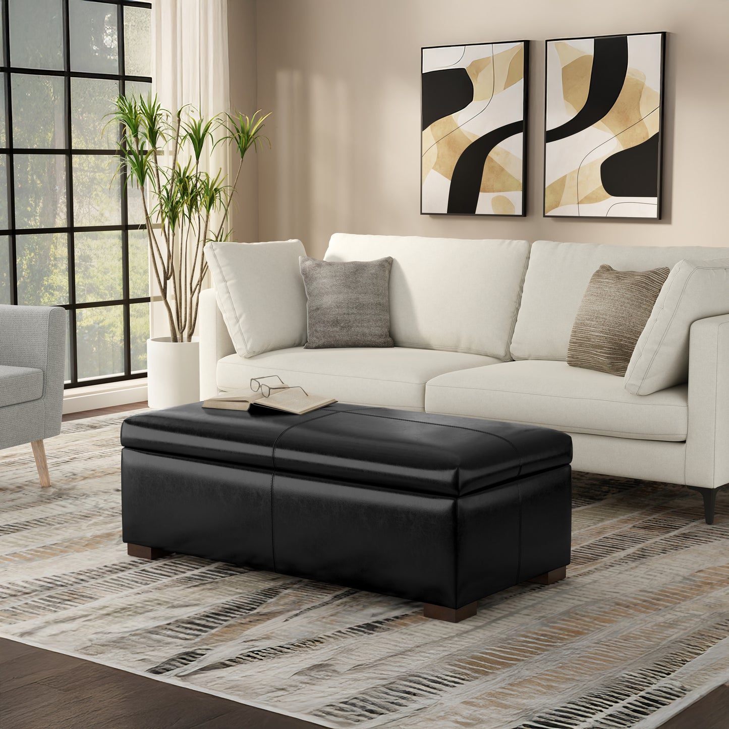 Midnight Black Vegan Leather | Gabbie Rectangular Storage Ottoman in Vegan Leather