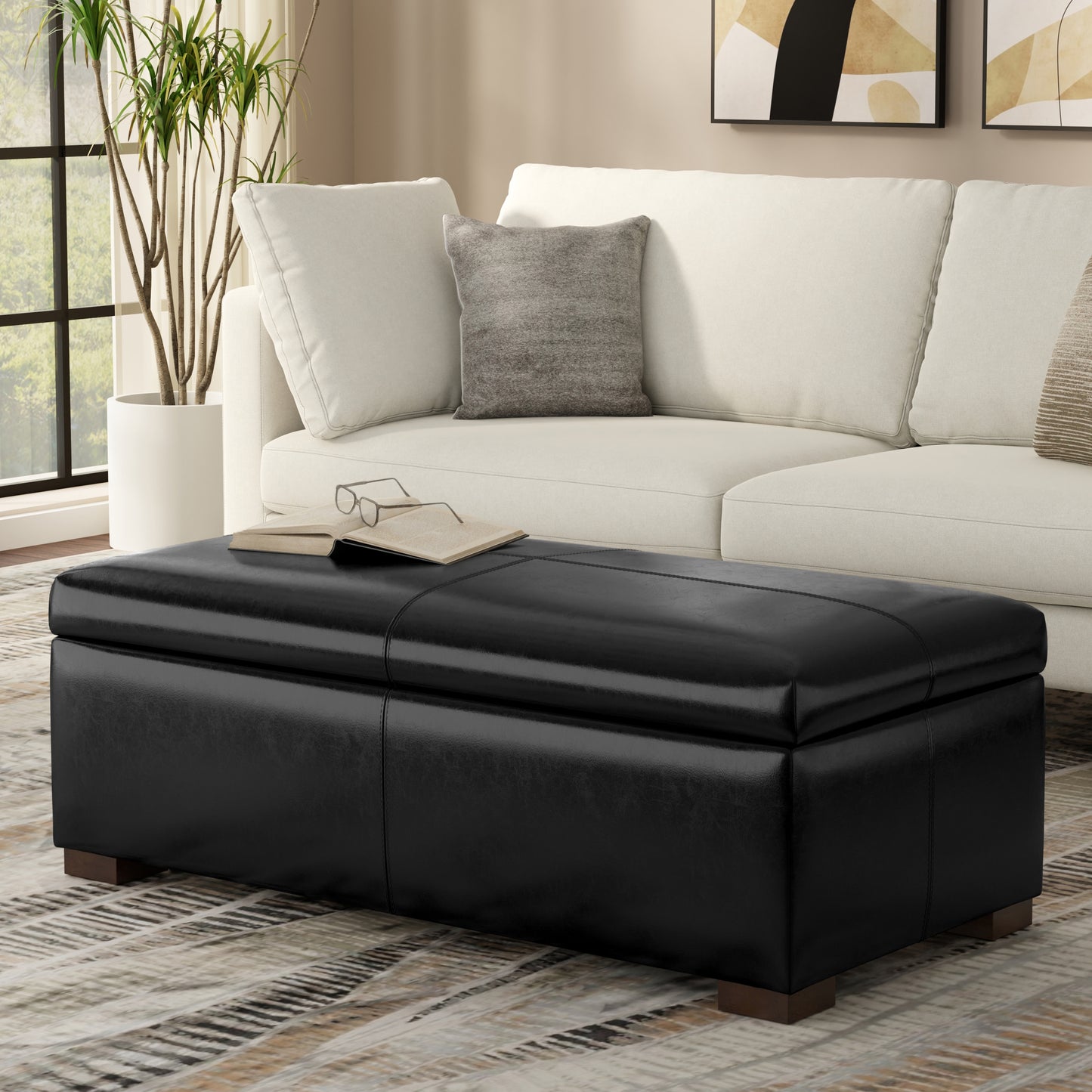 Midnight Black Vegan Leather | Gabbie Rectangular Storage Ottoman in Vegan Leather