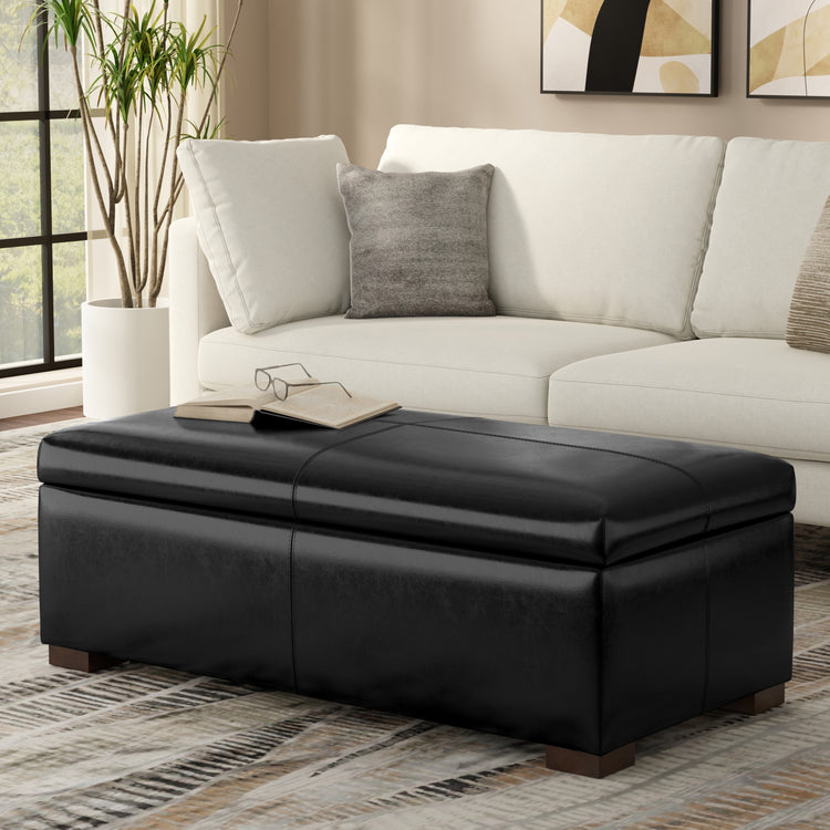 Midnight Black Vegan Leather | Gabbie Rectangular Storage Ottoman in Vegan Leather