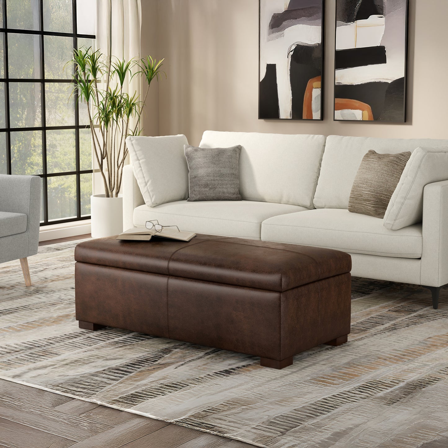 Distressed Chestnut Brown Vegan Leather | Gabbie Rectangular Storage Ottoman in Vegan Leather