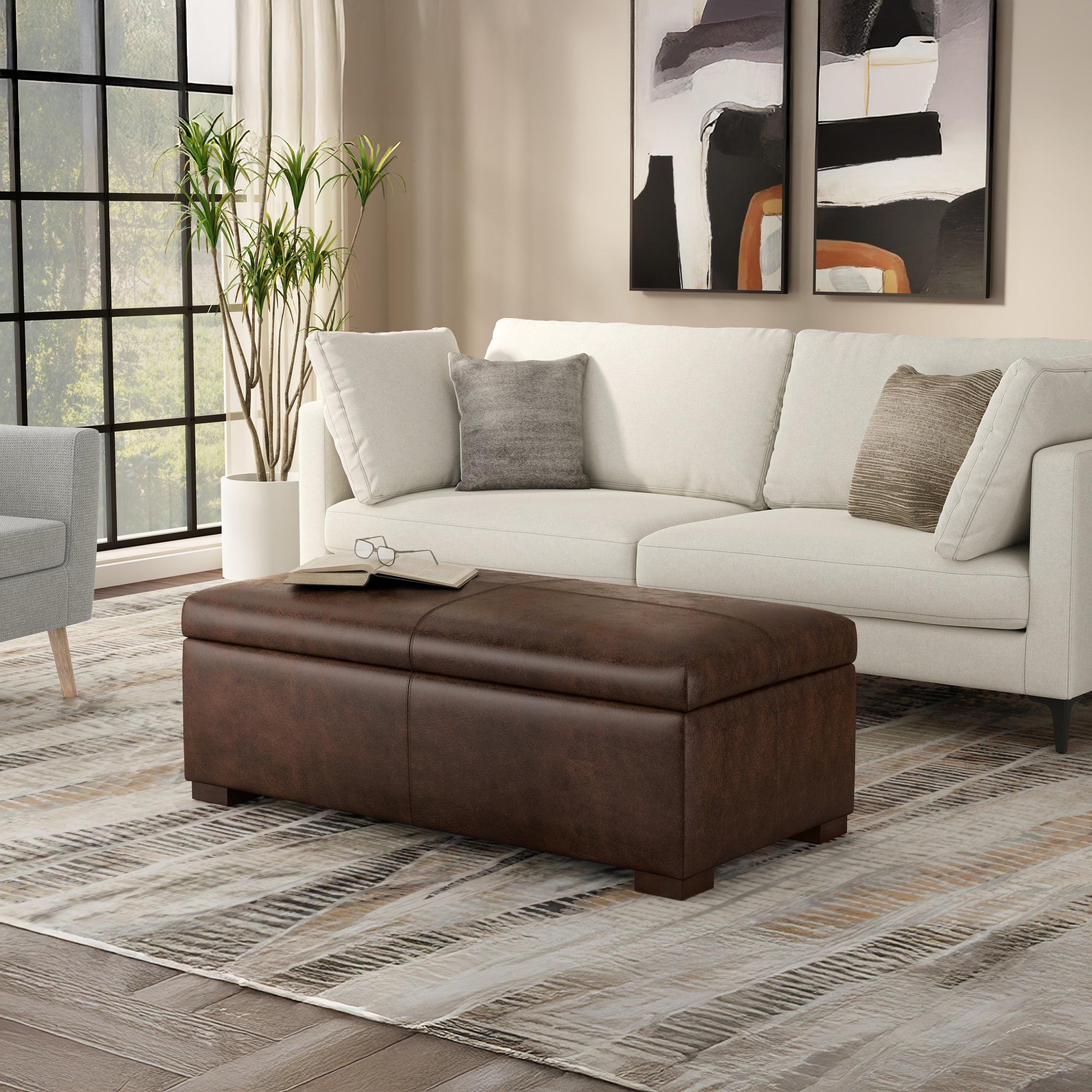 Distressed Chestnut Brown Vegan Leather | Gabbie Rectangular Storage Ottoman in Vegan Leather