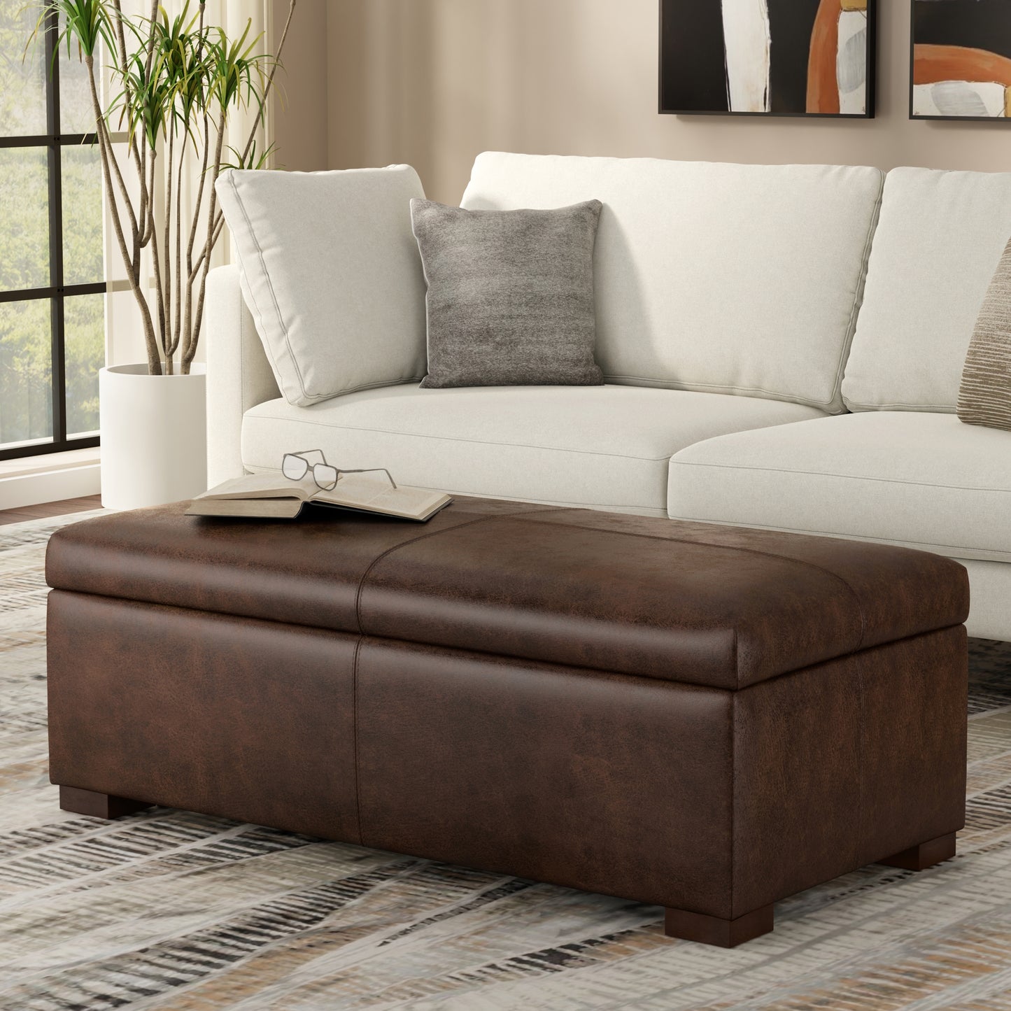 Distressed Chestnut Brown Vegan Leather | Gabbie Rectangular Storage Ottoman in Vegan Leather