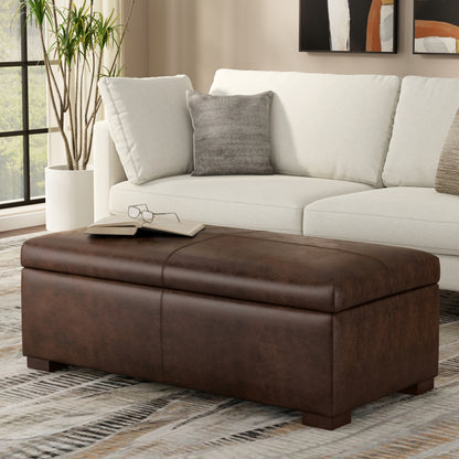 Distressed Chestnut Brown Vegan Leather | Gabbie Rectangular Storage Ottoman in Vegan Leather