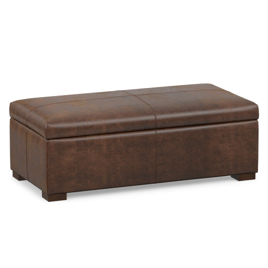 Distressed Chestnut Brown Vegan Leather | Gabbie Rectangular Storage Ottoman in Vegan Leather