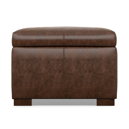 Distressed Chestnut Brown Vegan Leather | Gabbie Rectangular Storage Ottoman in Vegan Leather