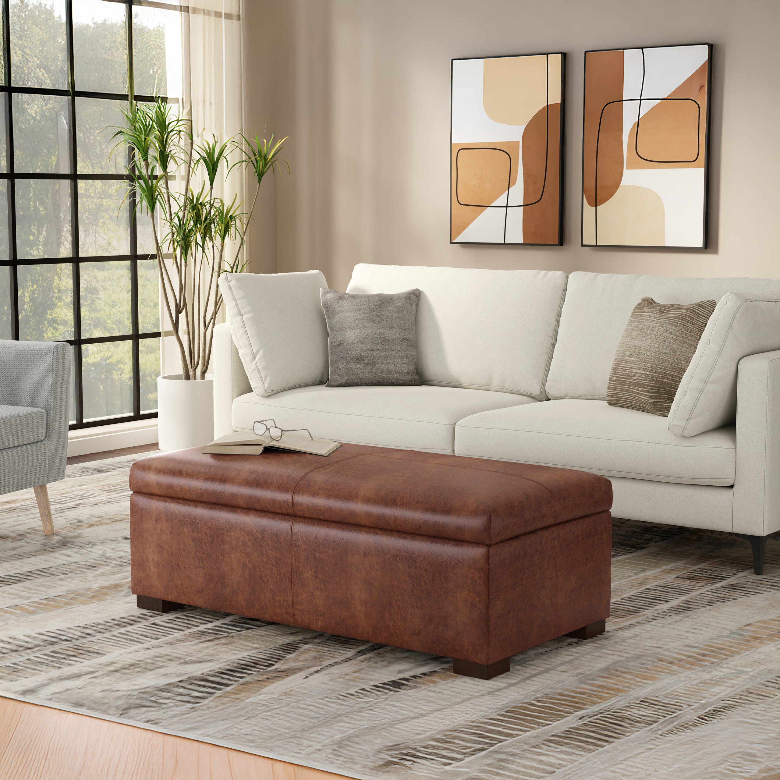 Distressed Saddle Brown Vegan Leather | Gabbie Rectangular Storage Ottoman in Vegan Leather
