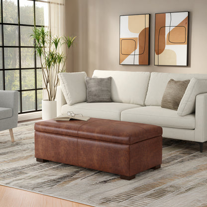 Distressed Saddle Brown Vegan Leather | Gabbie Rectangular Storage Ottoman in Vegan Leather