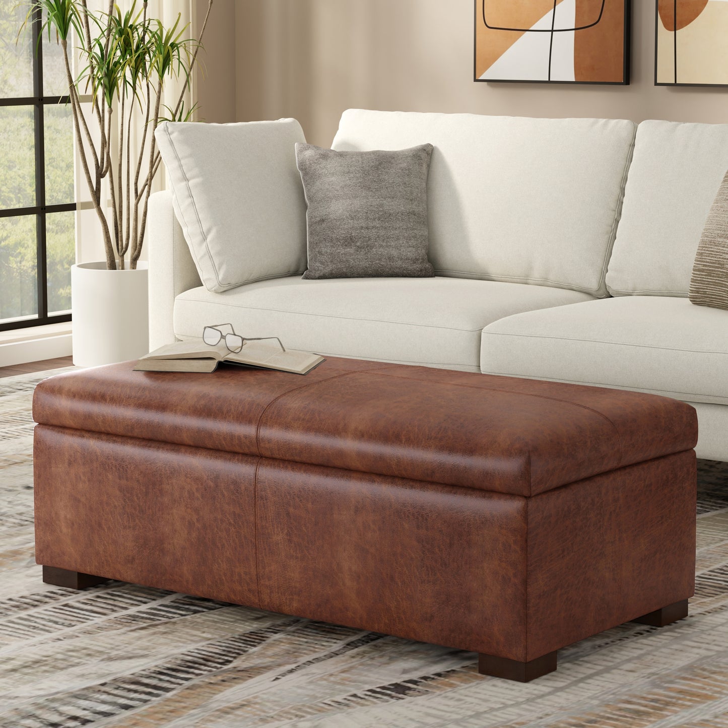 Distressed Saddle Brown Vegan Leather | Gabbie Rectangular Storage Ottoman in Vegan Leather