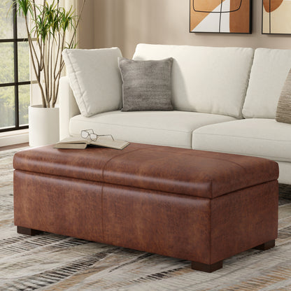 Distressed Saddle Brown Vegan Leather | Gabbie Rectangular Storage Ottoman in Vegan Leather