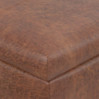 Distressed Saddle Brown Vegan Leather | Gabbie Rectangular Storage Ottoman in Vegan Leather