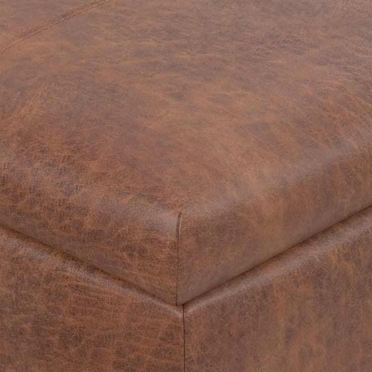Distressed Saddle Brown Vegan Leather | Gabbie Rectangular Storage Ottoman in Vegan Leather