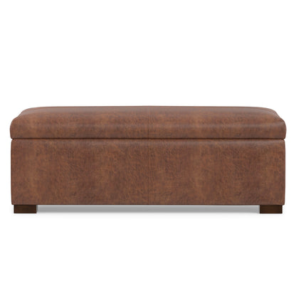 Distressed Saddle Brown Vegan Leather | Gabbie Rectangular Storage Ottoman in Vegan Leather