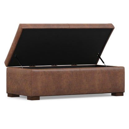 Distressed Saddle Brown Vegan Leather | Gabbie Rectangular Storage Ottoman in Vegan Leather