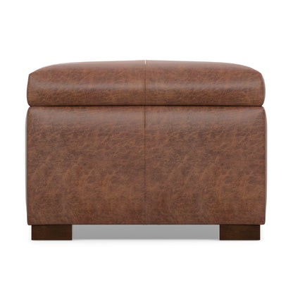 Distressed Saddle Brown Vegan Leather | Gabbie Rectangular Storage Ottoman in Vegan Leather