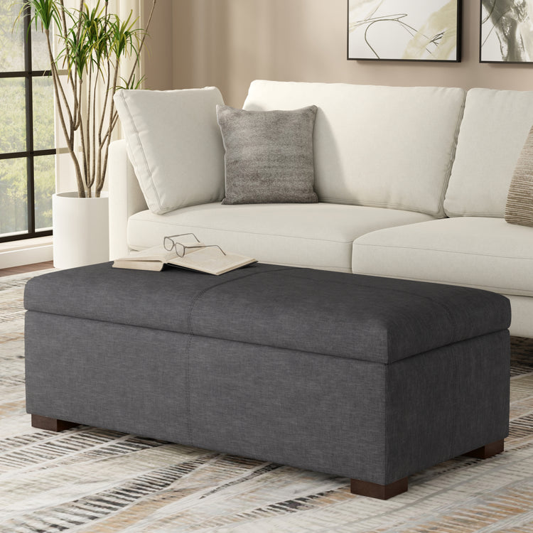 Slate Grey Linen Style Fabric | Gabbie Rectangular Storage Ottoman in Linen