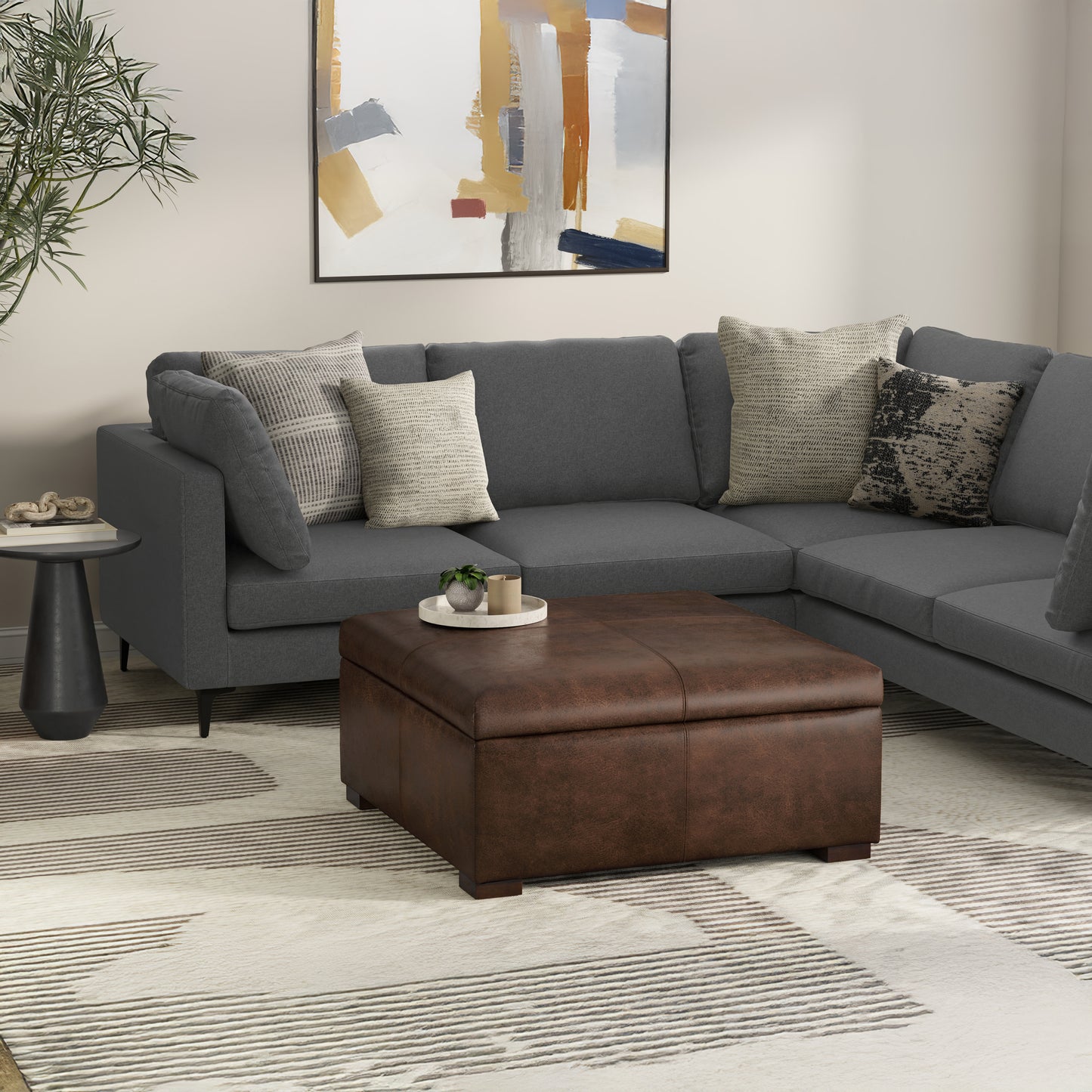 Distressed Chestnut Brown Distressed Vegan Leather | Gabbie Square Coffee Table Storage Ottoman