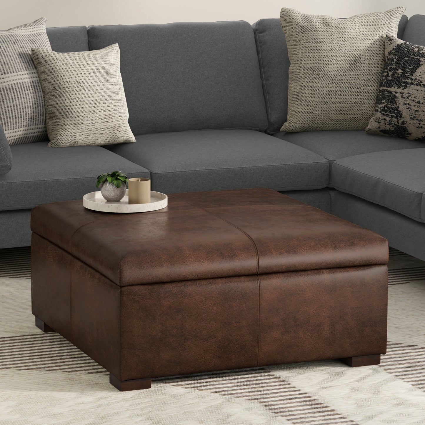 Distressed Chestnut Brown Distressed Vegan Leather | Gabbie Square Coffee Table Storage Ottoman