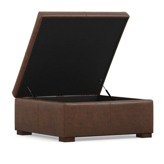 Distressed Chestnut Brown Distressed Vegan Leather | Gabbie Square Coffee Table Storage Ottoman