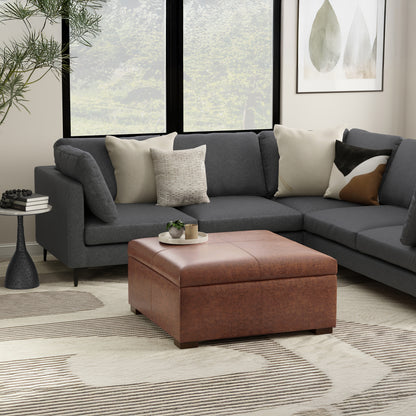 Distressed Saddle Brown Distressed Vegan Leather | Gabbie Square Coffee Table Storage Ottoman