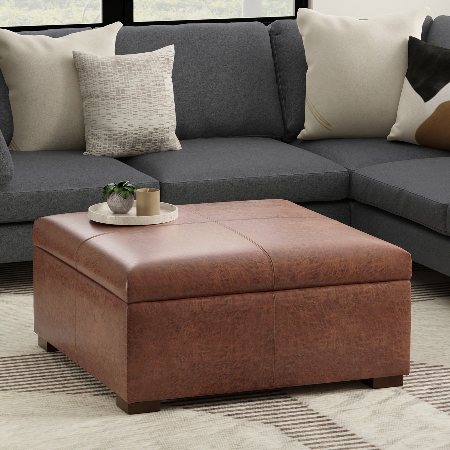 Distressed Saddle Brown Distressed Vegan Leather | Gabbie Square Coffee Table Storage Ottoman