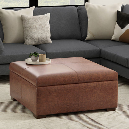 Distressed Saddle Brown Distressed Vegan Leather | Gabbie Square Coffee Table Storage Ottoman