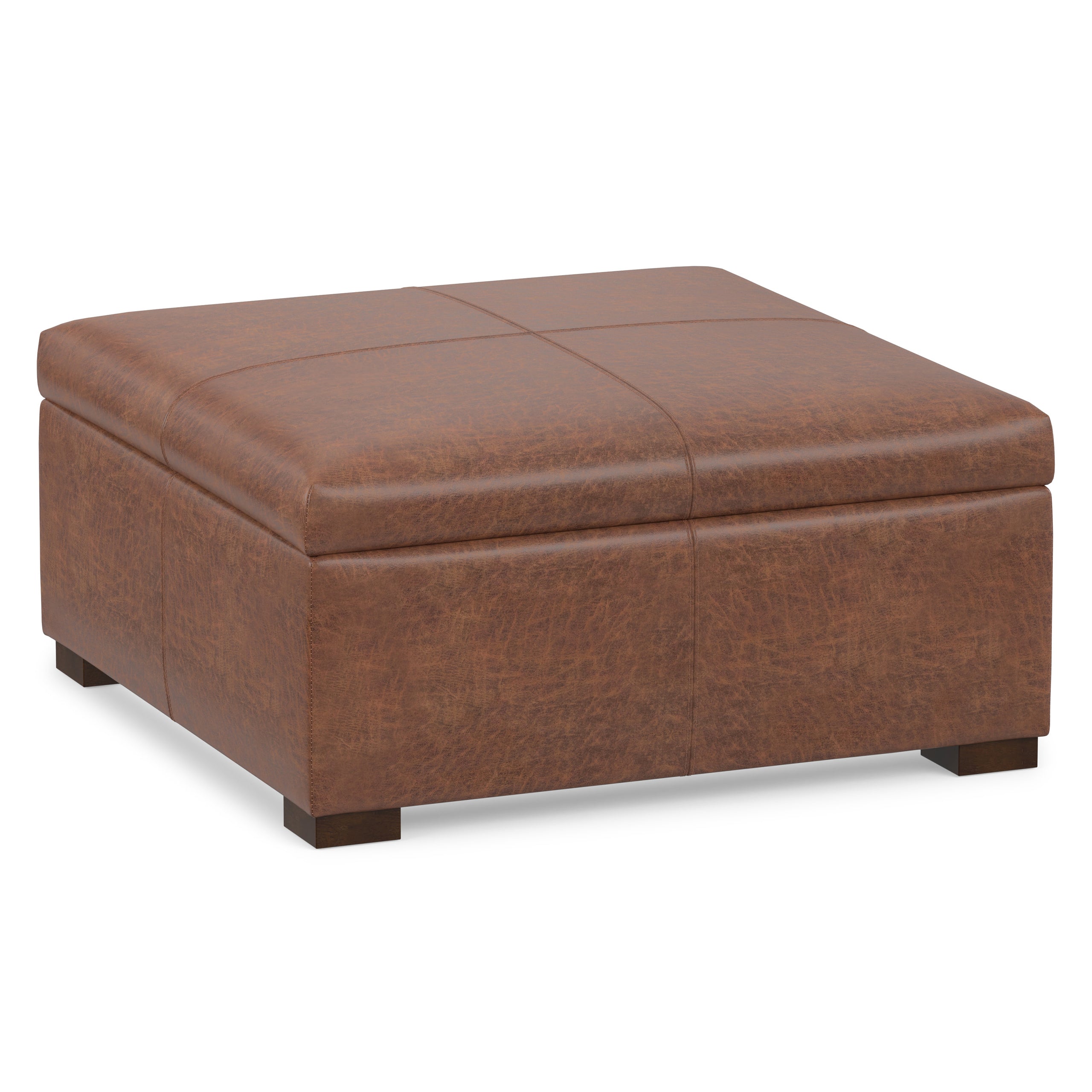 Distressed Saddle Brown Distressed Vegan Leather | Gabbie Square Coffee Table Storage Ottoman