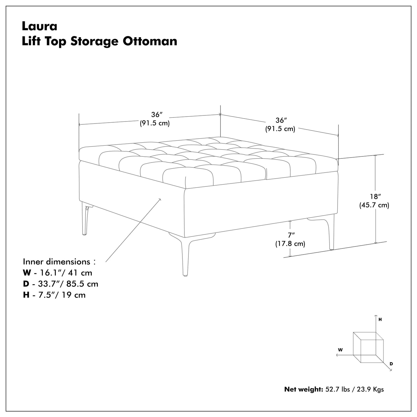 Midnight Black Vegan Leather | Laura Lift Top Storage Ottoman in Vegan Leather
