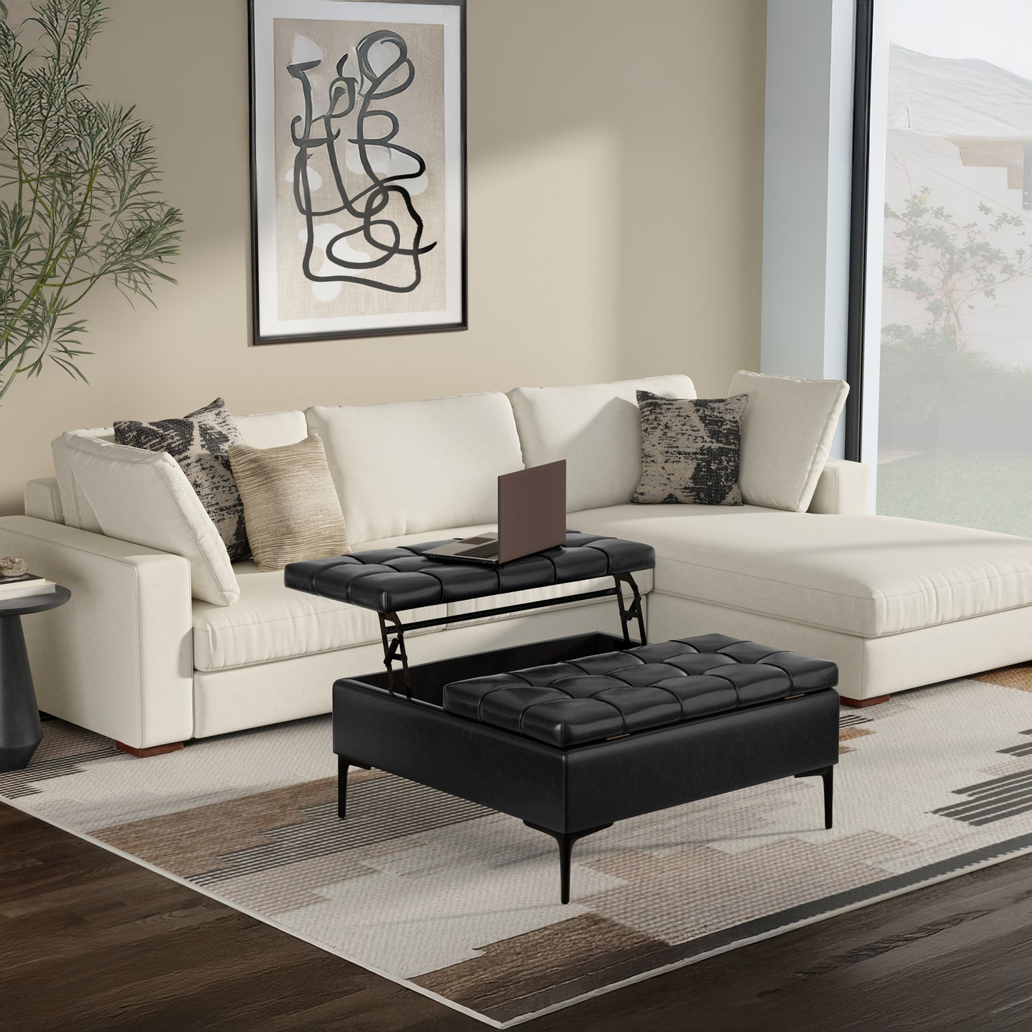 Midnight Black Vegan Leather | Laura Lift Top Storage Ottoman in Vegan Leather