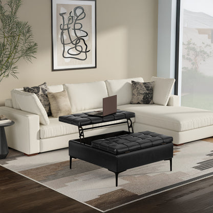 Midnight Black Vegan Leather | Laura Lift Top Storage Ottoman in Vegan Leather