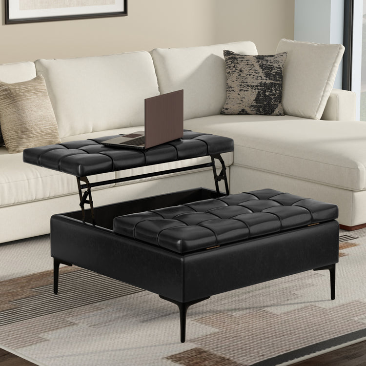 Midnight Black Vegan Leather | Laura Lift Top Storage Ottoman in Vegan Leather