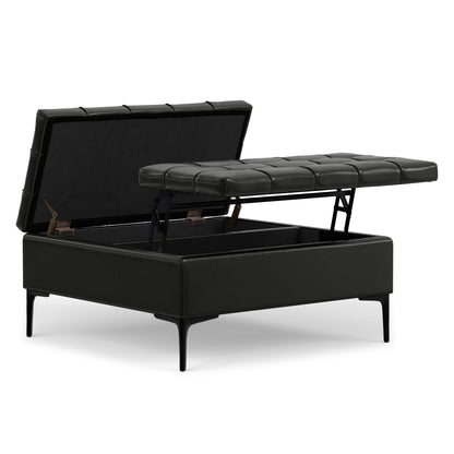 Midnight Black Vegan Leather | Laura Lift Top Storage Ottoman in Vegan Leather