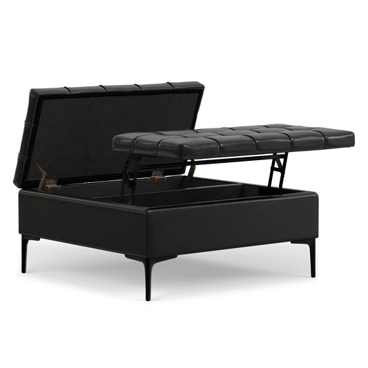 Midnight Black Vegan Leather | Laura Lift Top Storage Ottoman in Vegan Leather
