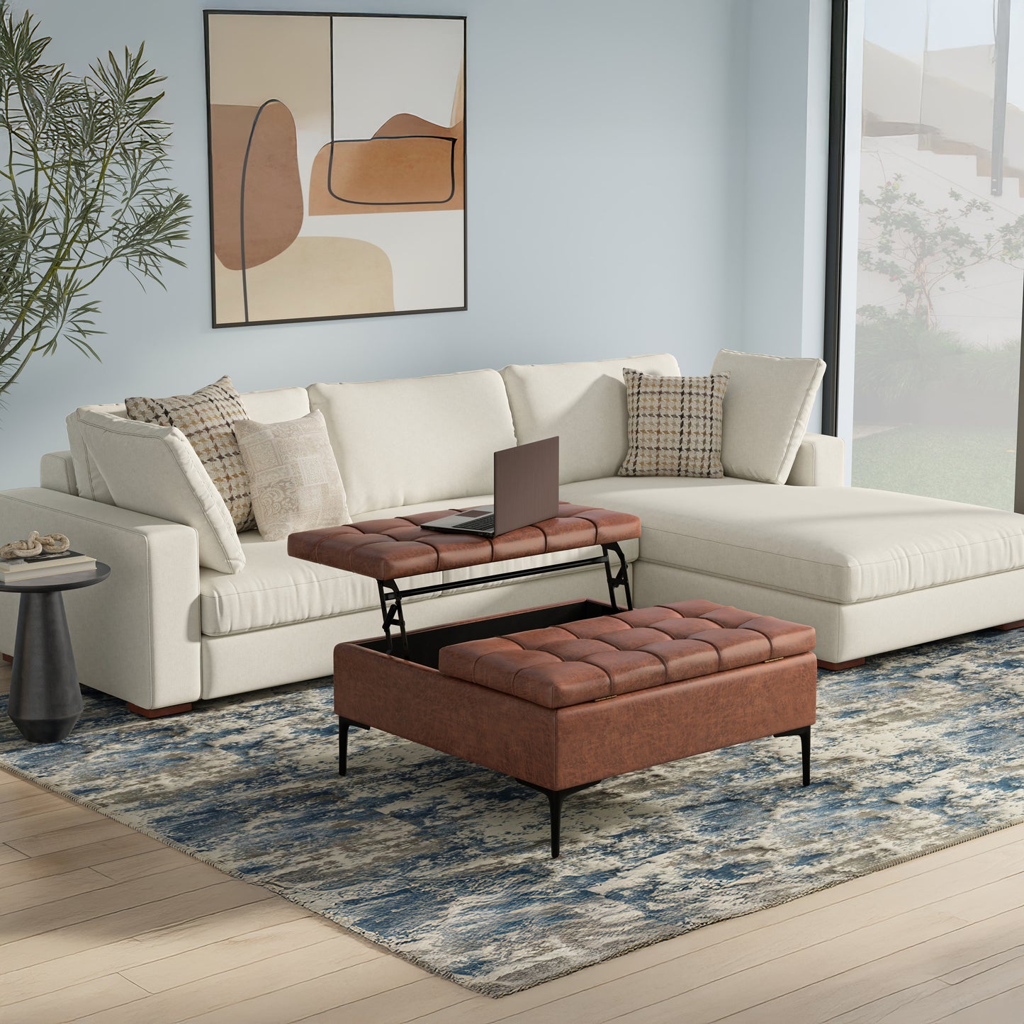 Distressed Saddle Brown Vegan Leather | Laura Lift Top Storage Ottoman in Vegan Leather