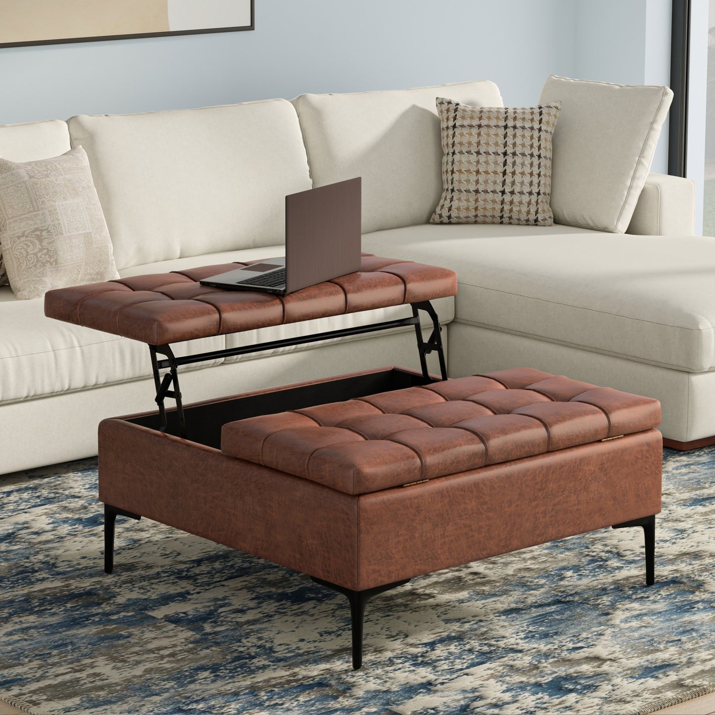 Distressed Saddle Brown Vegan Leather | Laura Lift Top Storage Ottoman in Vegan Leather