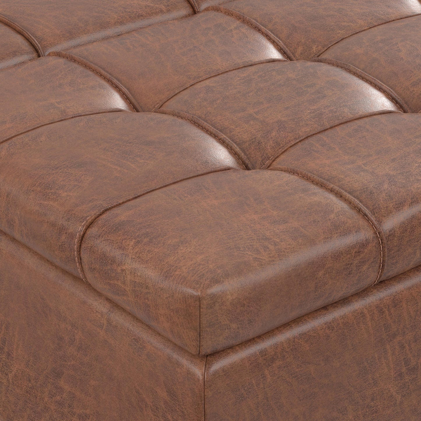 Distressed Saddle Brown Vegan Leather | Laura Lift Top Storage Ottoman in Vegan Leather
