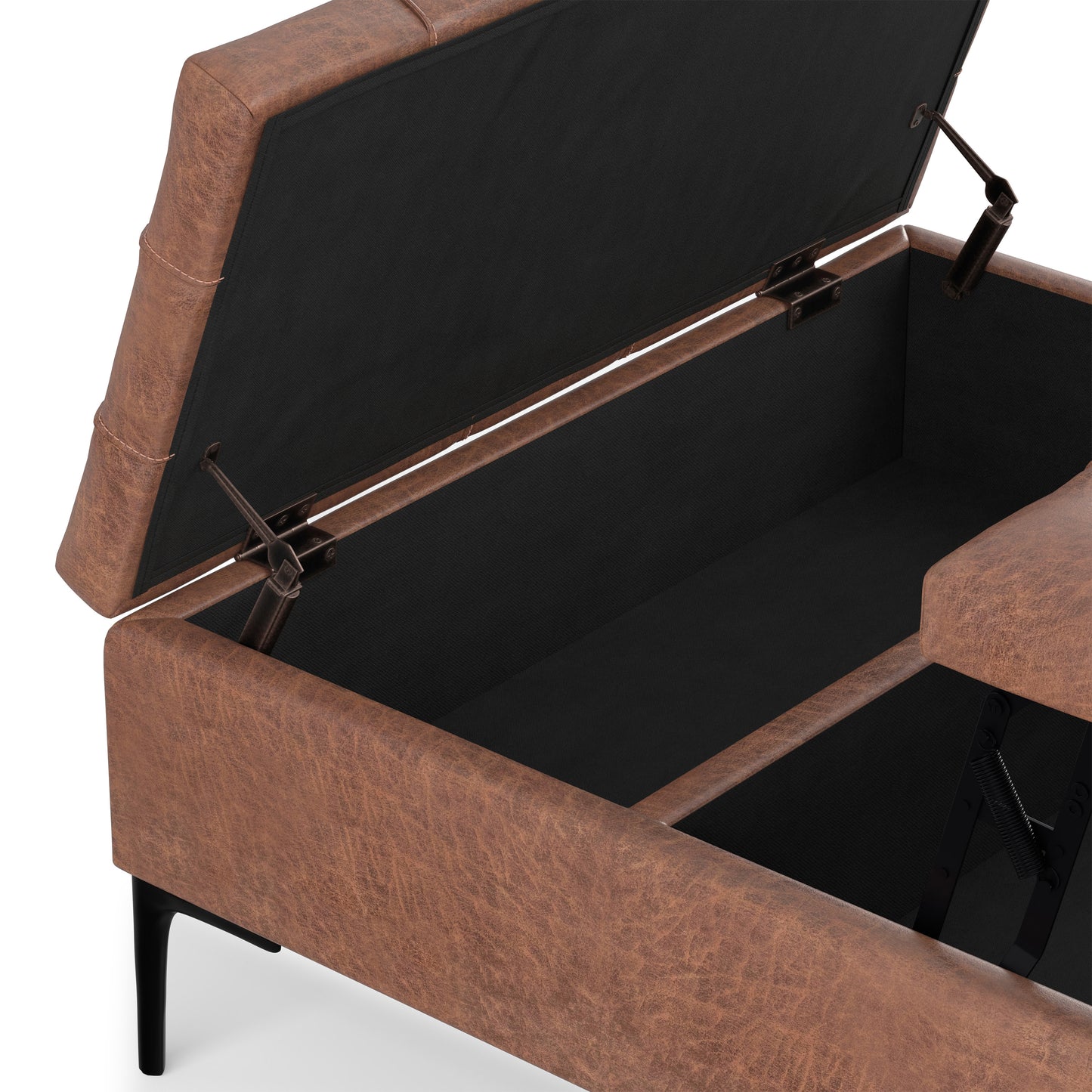 Distressed Saddle Brown Vegan Leather | Laura Lift Top Storage Ottoman in Vegan Leather