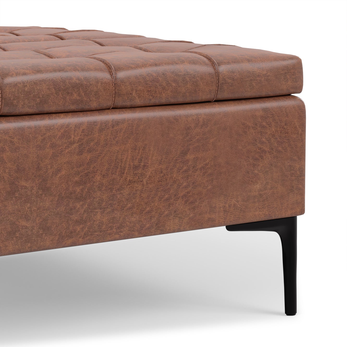 Distressed Saddle Brown Vegan Leather | Laura Lift Top Storage Ottoman in Vegan Leather