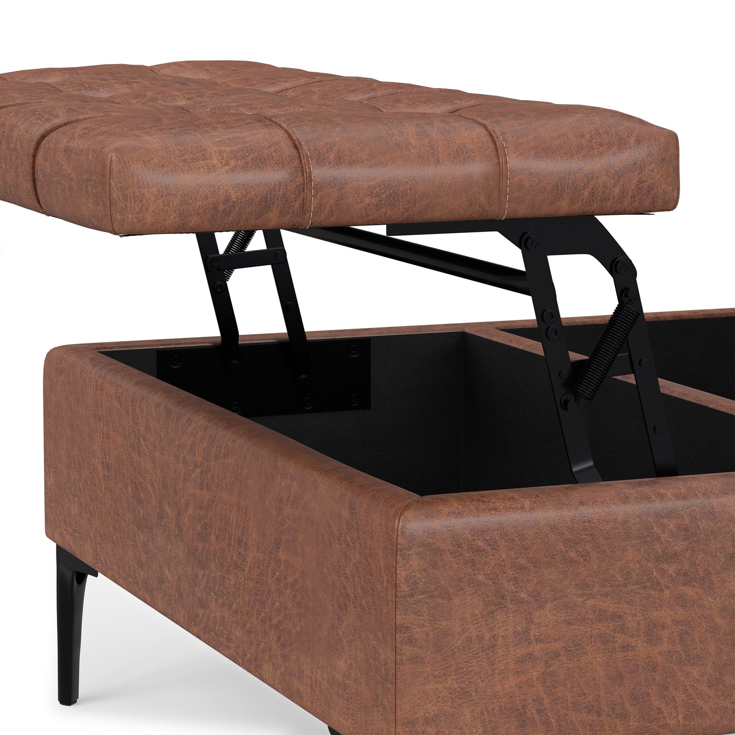 Distressed Saddle Brown Vegan Leather | Laura Lift Top Storage Ottoman in Vegan Leather