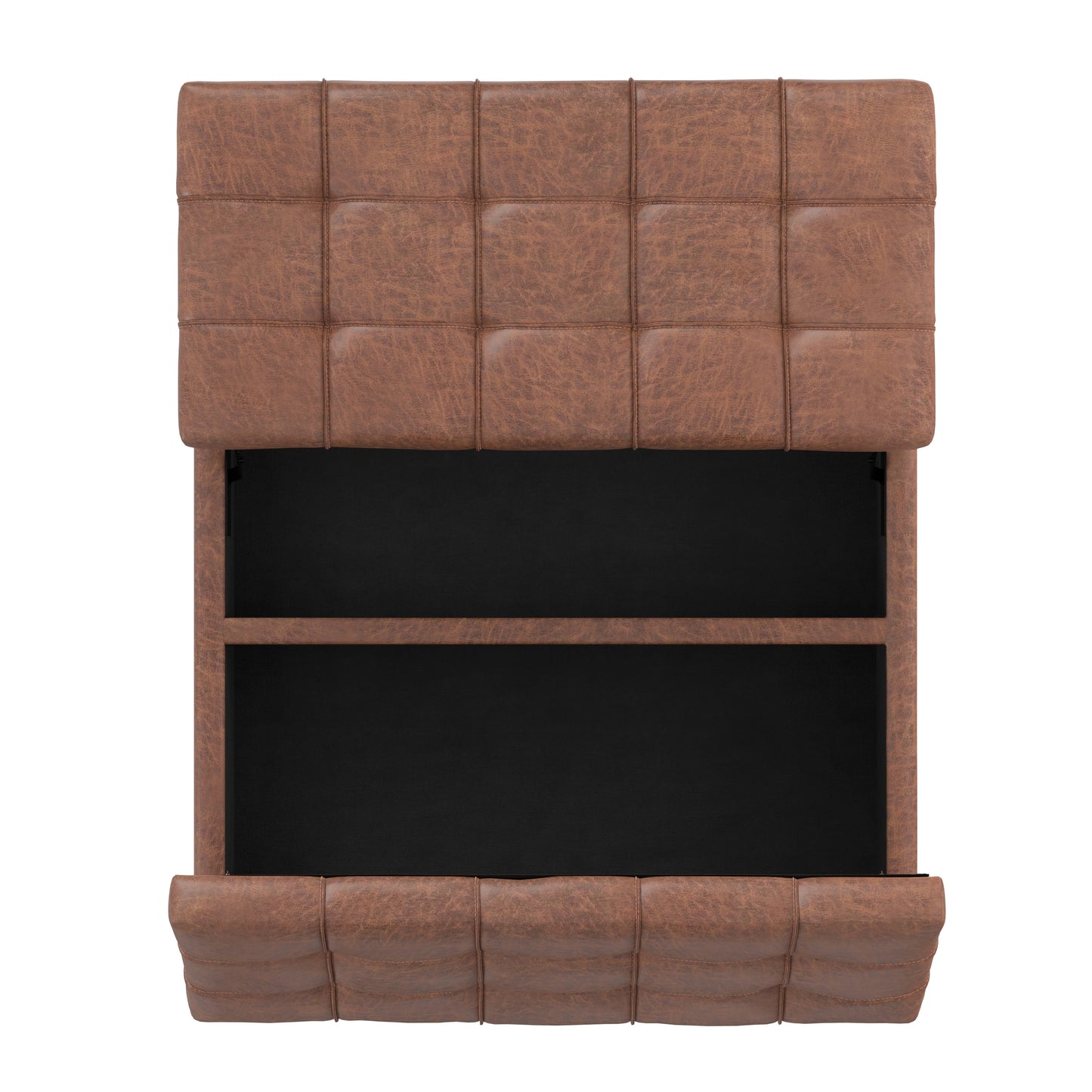 Distressed Saddle Brown Vegan Leather | Laura Lift Top Storage Ottoman in Vegan Leather