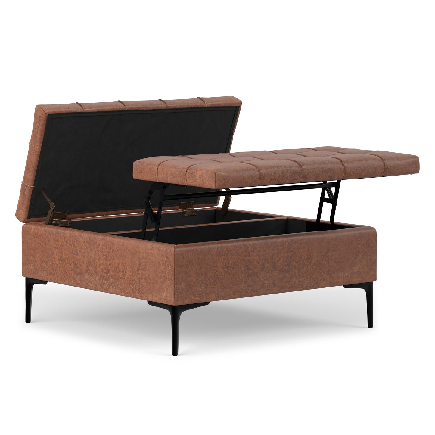 Distressed Saddle Brown Vegan Leather | Laura Lift Top Storage Ottoman in Vegan Leather