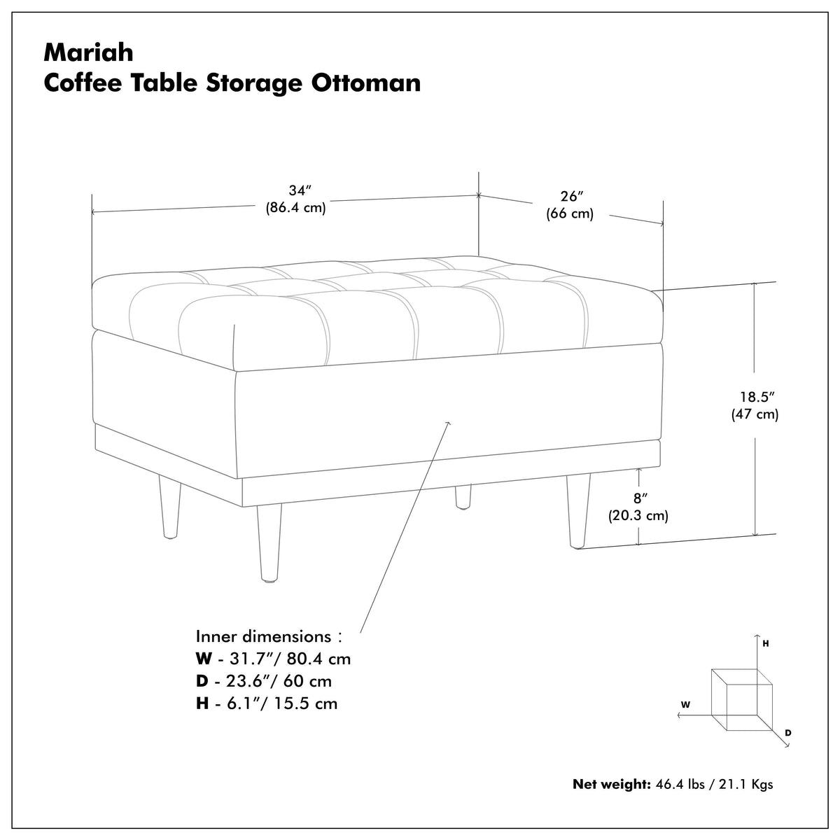 Midnight Black Distressed Vegan Leather | Mariah Coffee Table Storage Ottoman in Distressed Vegan Leather