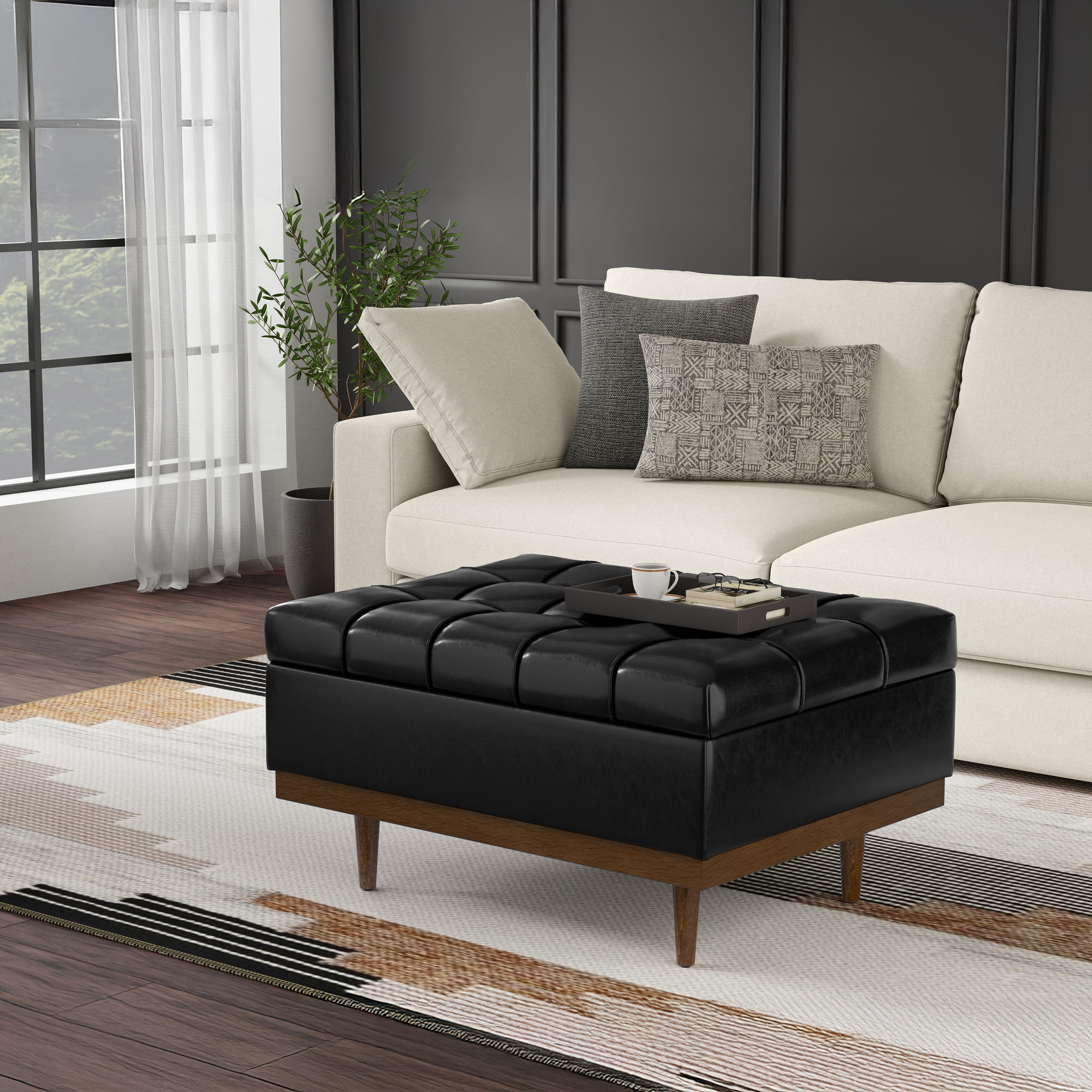 Midnight Black Distressed Vegan Leather | Mariah Coffee Table Storage Ottoman in Distressed Vegan Leather