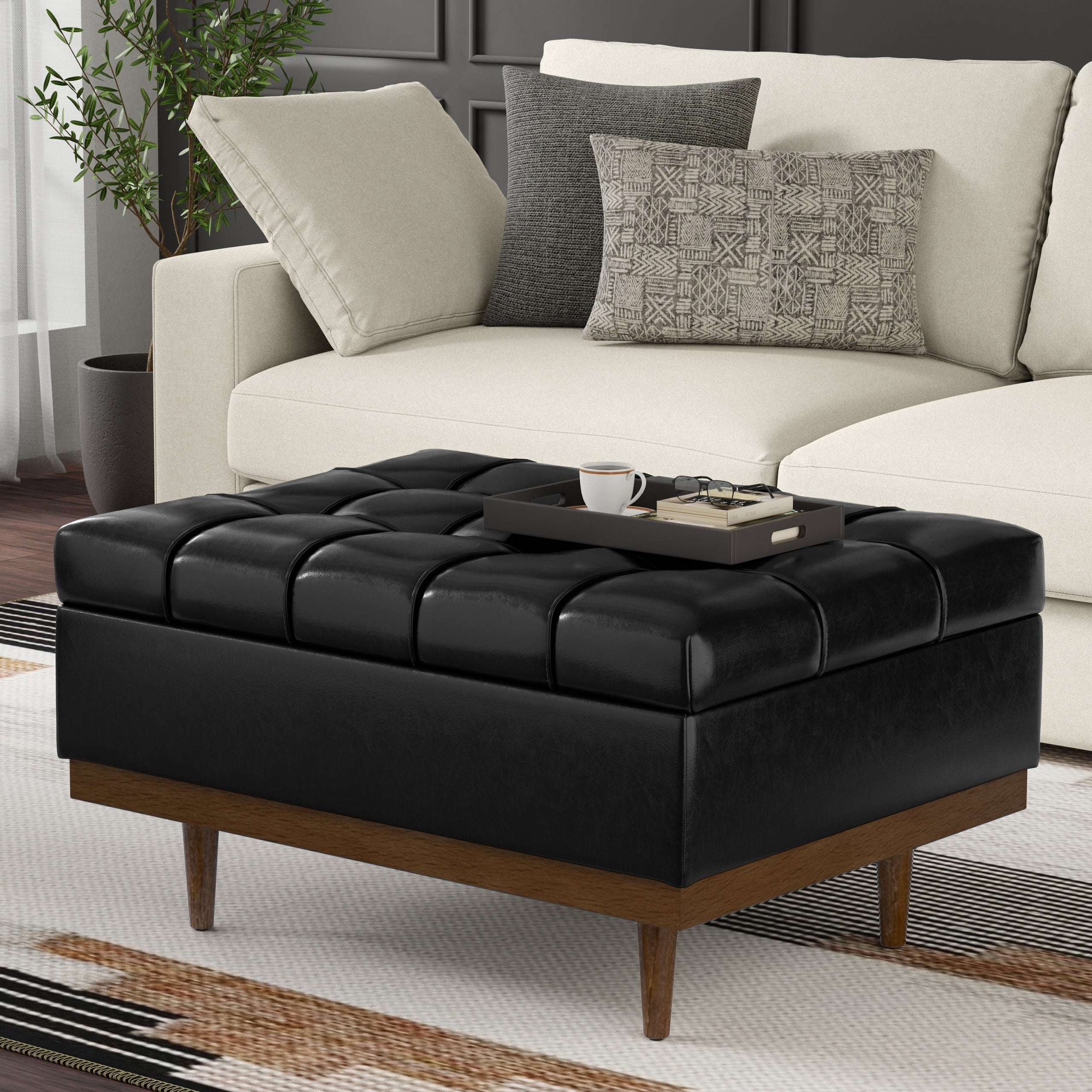 Midnight Black Distressed Vegan Leather | Mariah Coffee Table Storage Ottoman in Distressed Vegan Leather