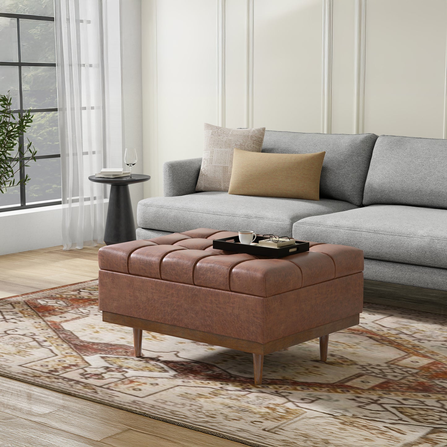 Distressed Saddle Brown Distressed Vegan Leather | Mariah Coffee Table Storage Ottoman in Distressed Vegan Leather
