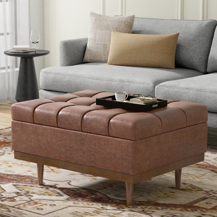Distressed Saddle Brown Distressed Vegan Leather | Mariah Coffee Table Storage Ottoman in Distressed Vegan Leather