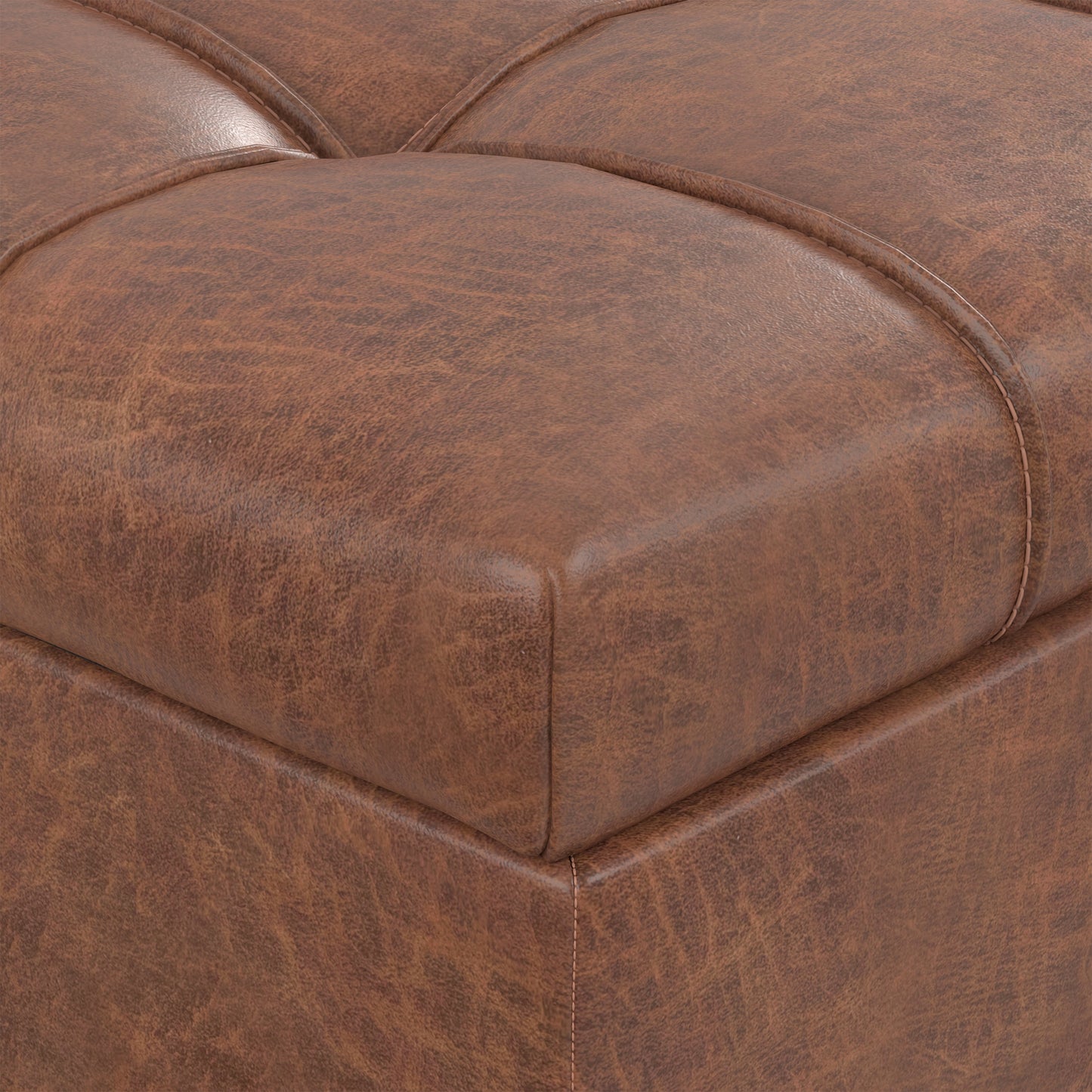 Distressed Saddle Brown Distressed Vegan Leather | Mariah Coffee Table Storage Ottoman in Distressed Vegan Leather