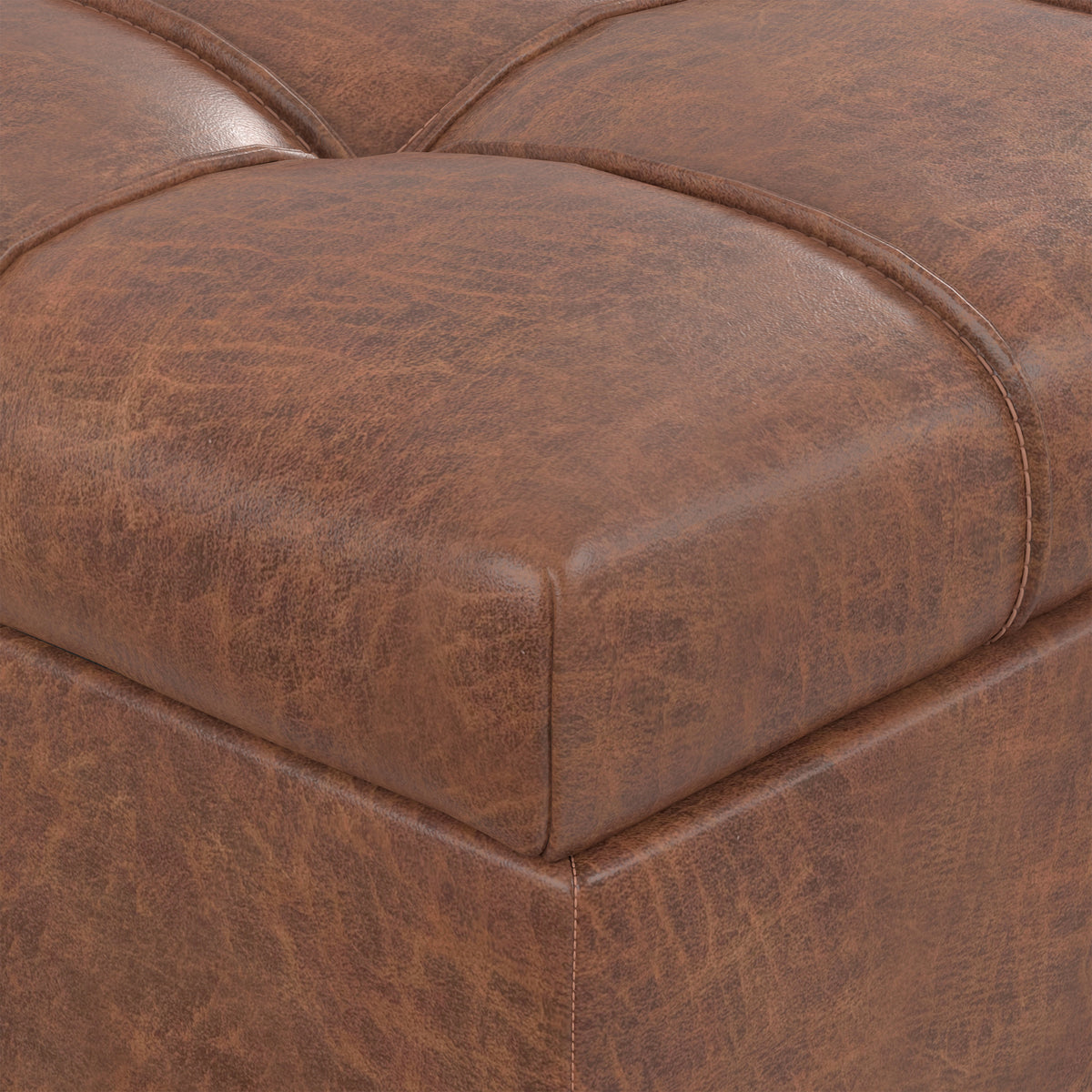 Distressed Saddle Brown Distressed Vegan Leather | Mariah Coffee Table Storage Ottoman in Distressed Vegan Leather