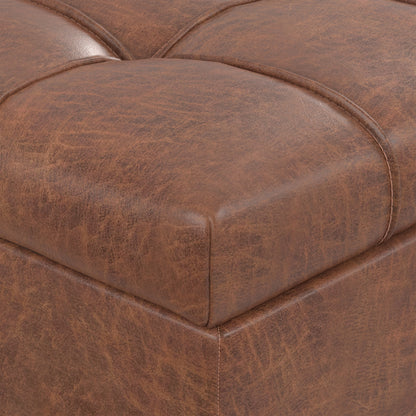 Distressed Saddle Brown Distressed Vegan Leather | Mariah Coffee Table Storage Ottoman in Distressed Vegan Leather